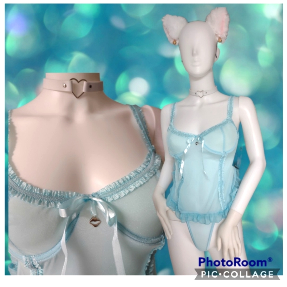 Small, medium or large Coquette powder blue babydoll & thong